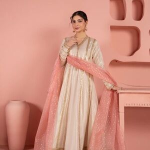 Ivory Maxi Anarkali Dress with Blush Pink Dupatta